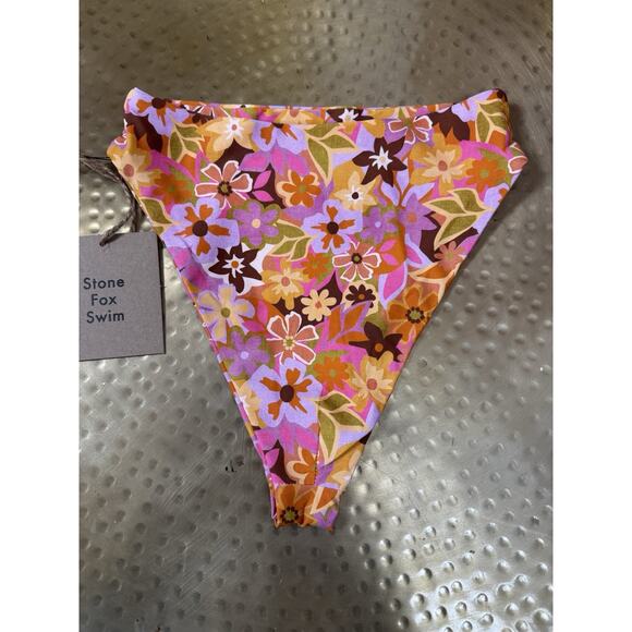 NWT Stone Fox Swim Sumatra Bikini Bottom Pink Floral Retro Pop XS High Rise - Picture 2 of 7